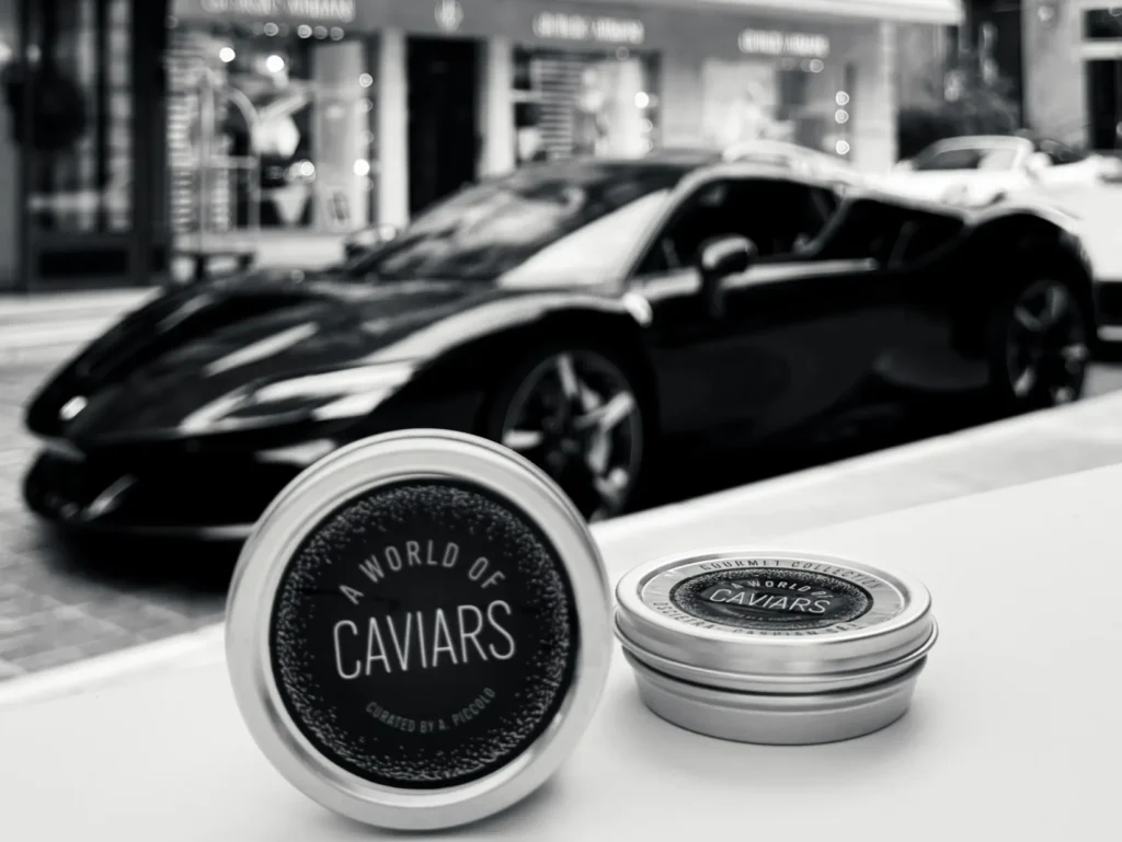 A world of caviars displaying a World of caviars branded caviar tin on its side for brand awareness
