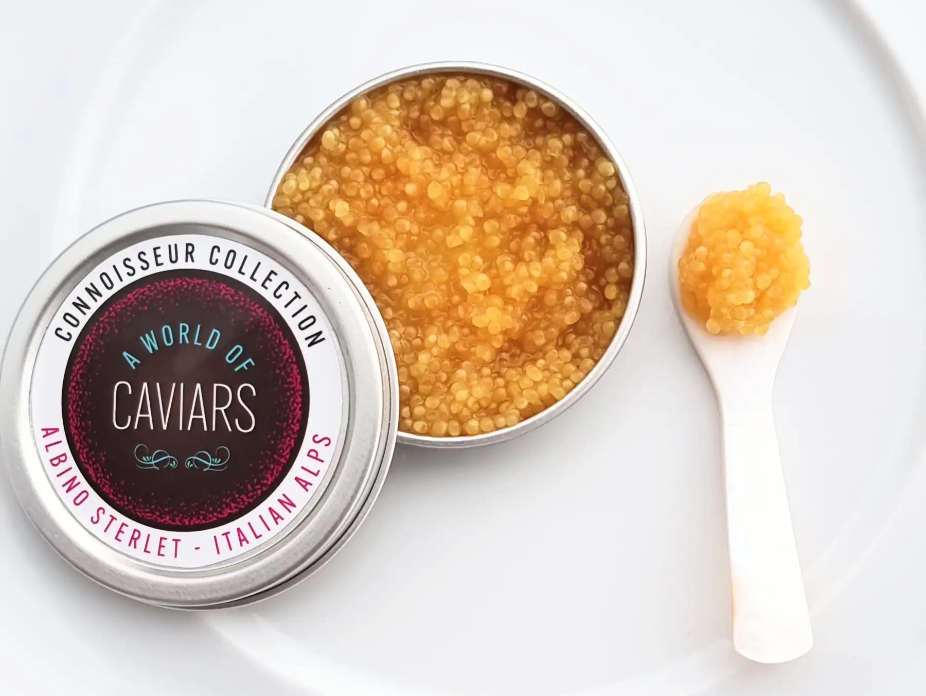 Connoisseur Collection ALBINO STERLET golden caviar pearls from Italian Alps showing luminescent quality rare availability and light sweet flavor profile