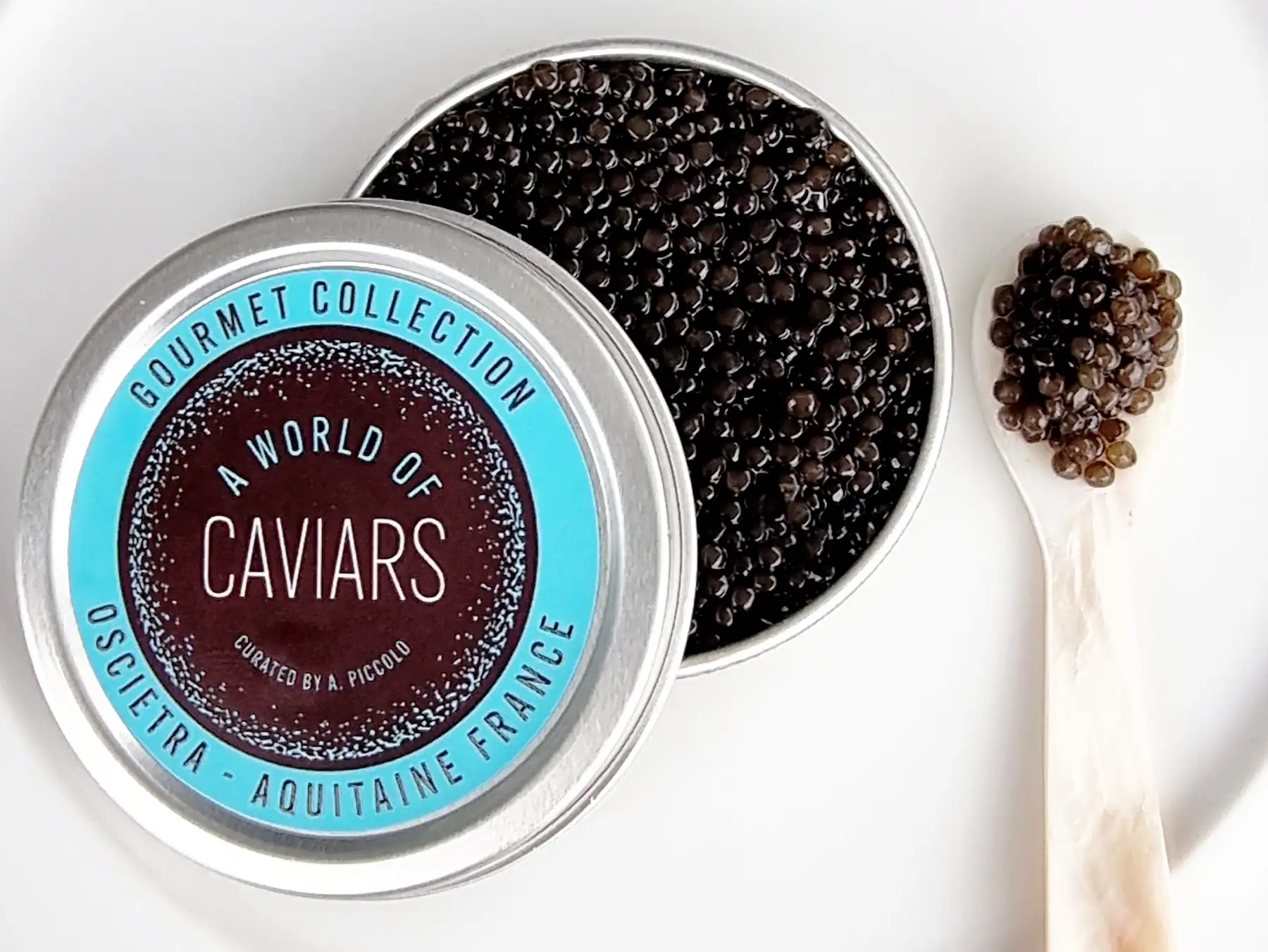 Gourmet Collection OSCIETRA Caviar displaying golden-brown pearls from Aquitaine France China and Caspian Sea origins with elegant buttery flavor