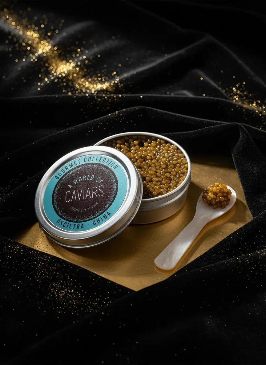 Gourmet CAVIAR COLLECTION - Oscietra China Caviar from a world of caviar showing the caviar collection of rare culinary treasures