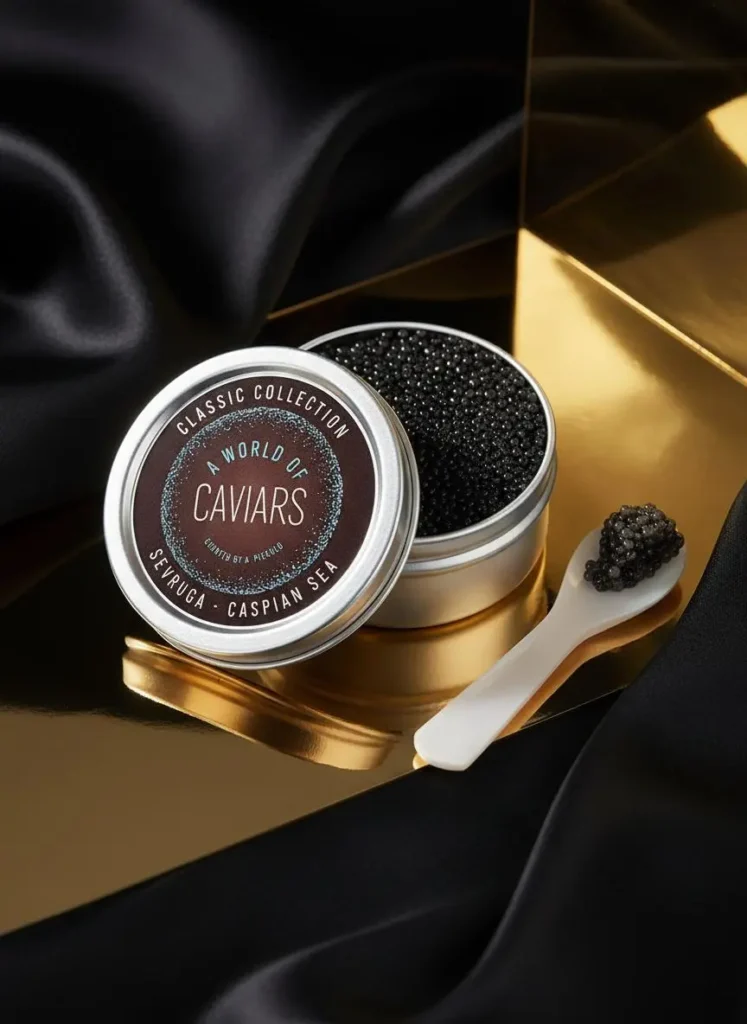 Classic Collection - Sevruga -Caspian Sea Caviar from A World of Caviars On display show-casing the collection